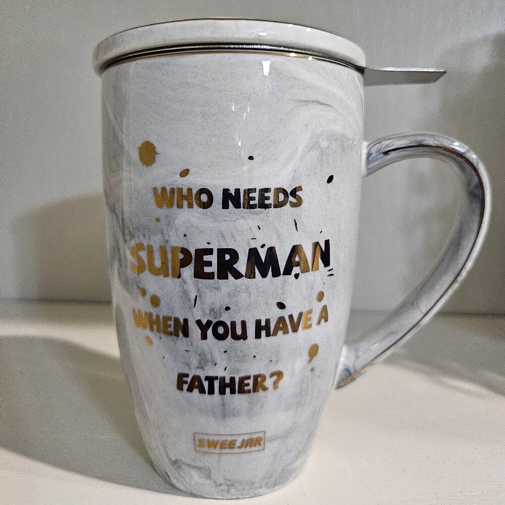 Gray/Gold Sweejar Tea Mug With Infuser And Lid "Who Needs Superman When You Have